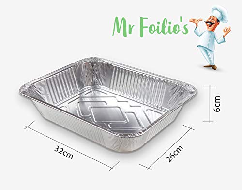 Mr Foilio's - 12 bandejas de aluminio resistentes con 12 tapas de aluminio para hornear, asar, hornear, hornear, hornear, almacenar alimentos, 32,4 x 26 x 60 cm