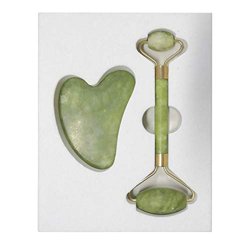 mreechan Masajeador de rodillos de jade, rascador, rodillo de masaje natural de cara y cuello de jade, rodillo de tratamiento de belleza facial delgada, juego de 2 piezas