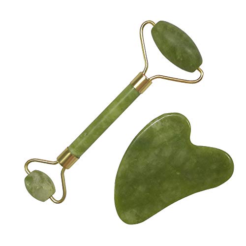 mreechan Masajeador de rodillos de jade, rascador, rodillo de masaje natural de cara y cuello de jade, rodillo de tratamiento de belleza facial delgada, juego de 2 piezas