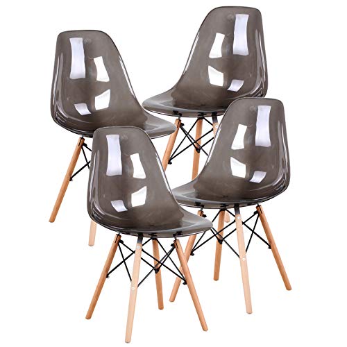 MUEBLES - Juego de 4 sillas de comedor Eiffel de mediados de siglo moderno, de plástico transparente, con patas de madera para comedor, dormitorio, sala de estar, sillas montadas lateralmente. gris