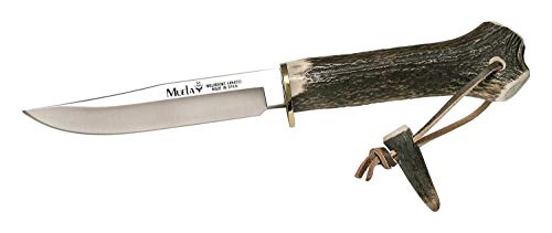 Muela Cuchillo GREDOS GRED-13H hoja de acero MoVa de 12 cm y empuñadura de asta de ciervo y latón para Caza, Pesca, Supervivencia y Bushcraft Realizado en Ciudad Real + Portabotellas de regalo