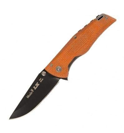 Muela Navaja Deportiva LX-8.O con Hoja de Acero MoVa de 8,3 cm y Recubrimiento antifricción, micarta Yute Naranja de 10,7 cm para Caza Supervivencia y Bushcraft + Portabotellas de Regalo