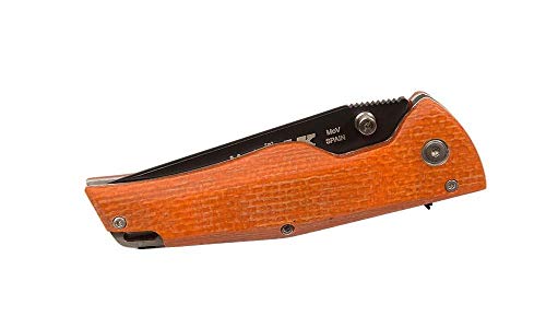 Muela Navaja Deportiva LX-8.O con Hoja de Acero MoVa de 8,3 cm y Recubrimiento antifricción, micarta Yute Naranja de 10,7 cm para Caza Supervivencia y Bushcraft + Portabotellas de Regalo