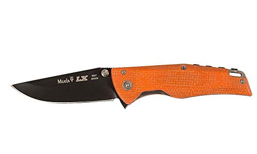 Muela Navaja Deportiva LX-8.O con Hoja de Acero MoVa de 8,3 cm y Recubrimiento antifricción, micarta Yute Naranja de 10,7 cm para Caza Supervivencia y Bushcraft + Portabotellas de Regalo