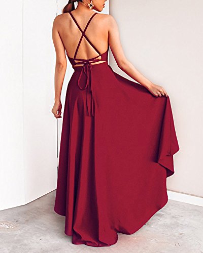 Mujer Vestido Largo Sin Mangas Backless Vestidos de Noche Fiesta Partido Coctel Dresses Vino Rojo M