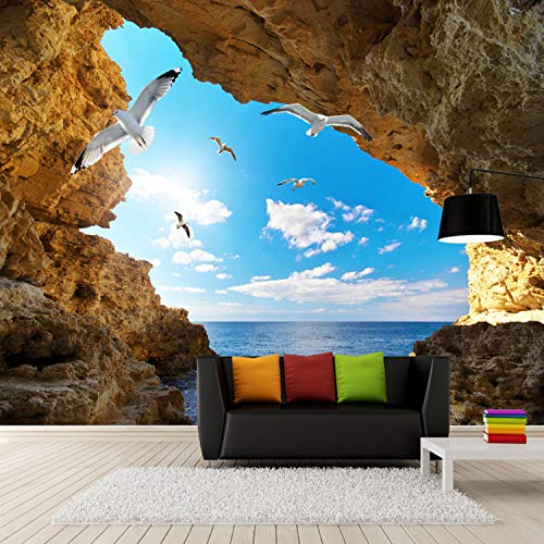 Mural De Papel De Pared Personalizado 3D Sea Island Cave Sky Blue Con Nubes Blancas Seagulls Tapiz De Fotos Sala De Estar Dormitorio Decoración Seda Tela 368(Ancho) X254(Alto) Cm A1