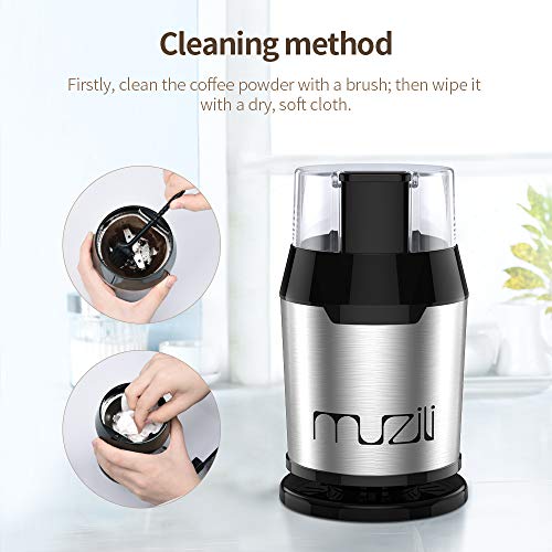 Muzili Molinillo Eléctrico de café Molinillo de Frijoles Nueces y Granos con 304 Hojas de Acero Inoxidable, 22000 rpm Motor Potente 60dB Bajo Ruido Capacidad de 50 ml Gratuito Cepillo de Limpieza