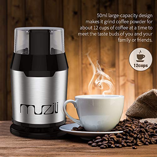 Muzili Molinillo Eléctrico de café Molinillo de Frijoles Nueces y Granos con 304 Hojas de Acero Inoxidable, 22000 rpm Motor Potente 60dB Bajo Ruido Capacidad de 50 ml Gratuito Cepillo de Limpieza