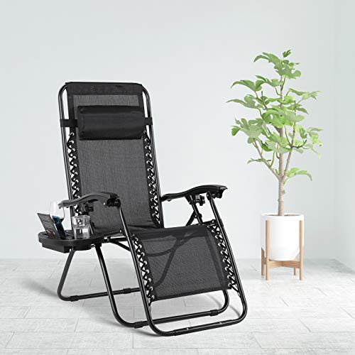 MVPower Tumbona Plegable con Soporte para Bebidas, Mecedoras Jardín para exterior con Almohadilla Ajustable para la Cabeza, Ergonómica, Transpirable (Negro)