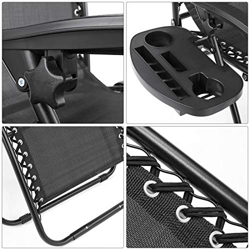 MVPower Tumbona Plegable con Soporte para Bebidas, Mecedoras Jardín para exterior con Almohadilla Ajustable para la Cabeza, Ergonómica, Transpirable (Negro)