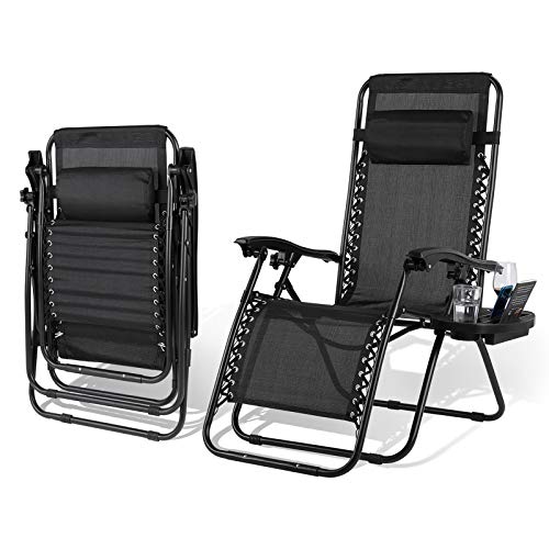 MVPower Tumbona Plegable con Soporte para Bebidas, Mecedoras Jardín para exterior con Almohadilla Ajustable para la Cabeza, Ergonómica, Transpirable (Negro)