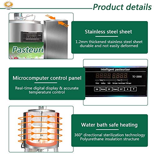 MXBAOHENG Pasteurizador Comercial Máquina de Pasteurización para Leche Jugo Cerveza Acero Inoxidable Esterilización Desinfección (220 V, 30 L)