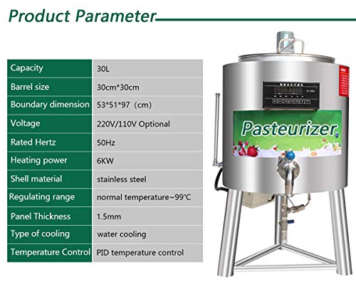 MXBAOHENG Pasteurizador Comercial Máquina de Pasteurización para Leche Jugo Cerveza Acero Inoxidable Esterilización Desinfección (220 V, 30 L)