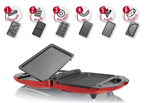 MyWave Sandwichera 6 En 1 MWGRI-61 Acero Inoxidable Placas Desmontables Antiadherentes e Intercambiables: Grill Plancha Sandwiches Donuts Gofres Quesadillas Potencia de 750W Color Rojo