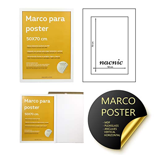 Nacnic Marco Blanco para Fotos, Posters, láminas, Diplomas. Tamaño(50x70 cm).Robusto de MDF y Frontal de plexiglas.Marco Blanco para Colgar