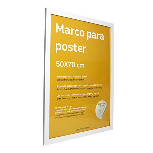 Nacnic Marco Blanco para Fotos, Posters, láminas, Diplomas. Tamaño(50x70 cm).Robusto de MDF y Frontal de plexiglas.Marco Blanco para Colgar
