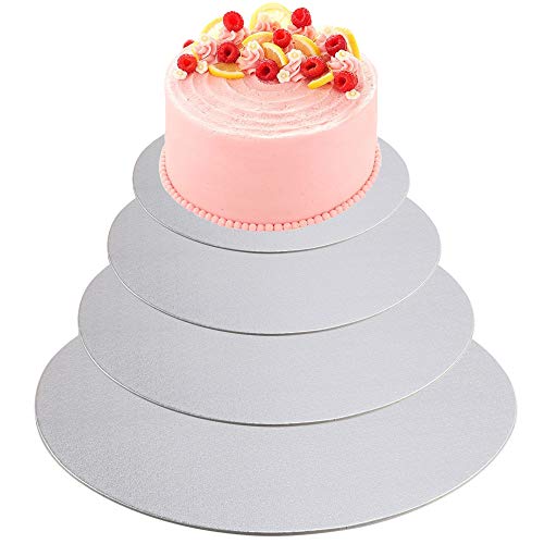 NACTECH 4pcs Bases Carton para Tartas Redondas Base de Cartón para Tarta de Pisos 15 20 25 30cm Cake Board Bases Tarta de Boda Fondant Pasteles Plateado Aluminio Reutilizable Espesor 2mm