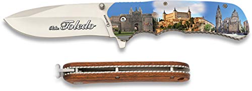 Navaja 3D Toledo Madera Hoja 9 cm para Caza, Pesca, Camping, Outdoor, Supervivencia y Bushcraft Albainox 18154 + Portabotellas de regalo