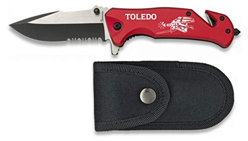 Navaja grabado TEMPLARIO TOLEDO Seguridad roja con funda incluida para Caza, Pesca, Camping, Outdoor, Supervivencia y Bushcraft Albainox 19759GR264 + Portabotellas de regalo