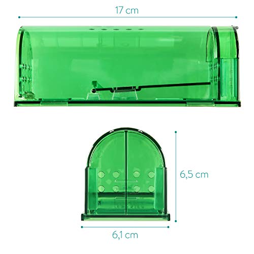 Navaris 4X Trampa para Ratas - Set de 4 trampas para Ratones y Otros Animales pequeños - Ratonera de plástico de Color Verde Transparente