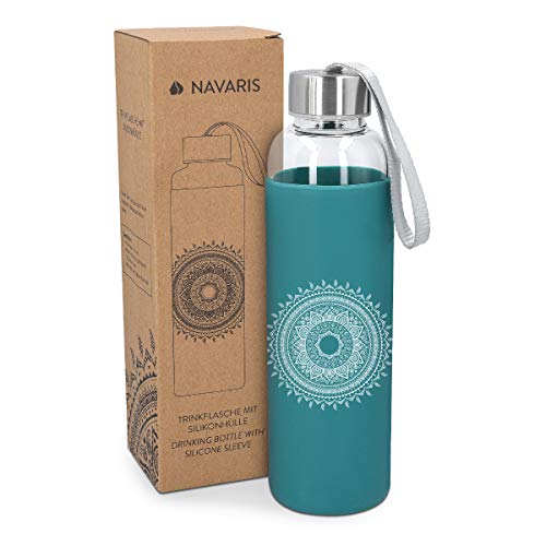 Navaris Botella de Agua de Vidrio Reutilizable - Cantimplora de borosilicato con Funda de Silicona - Botellín de Cristal sin BPA 550 ML - Sol hindú