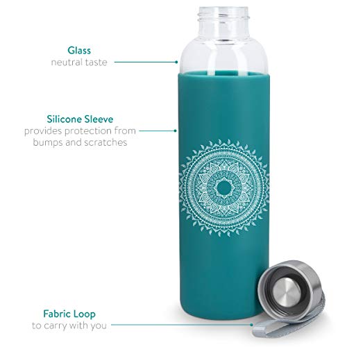 Navaris Botella de Agua de Vidrio Reutilizable - Cantimplora de borosilicato con Funda de Silicona - Botellín de Cristal sin BPA 550 ML - Sol hindú