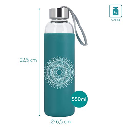 Navaris Botella de Agua de Vidrio Reutilizable - Cantimplora de borosilicato con Funda de Silicona - Botellín de Cristal sin BPA 550 ML - Sol hindú