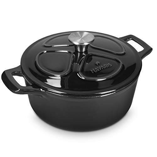 Navaris Cacerola de Hierro Fundido con Tapa - Cazuela con 2 Asas para cocinar en Horno Plancha - Olla cocotte Redonda 24 CM - Marmita de 3.5 L - Negro