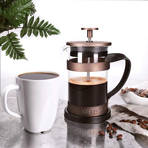 Navaris Cafetera Francesa de Acero Inoxidable de 600ML - Cafetera de émbolo para 5 Tazas, con Jarra de Vidrio y Filtro- Cafetera y Tetera marrón