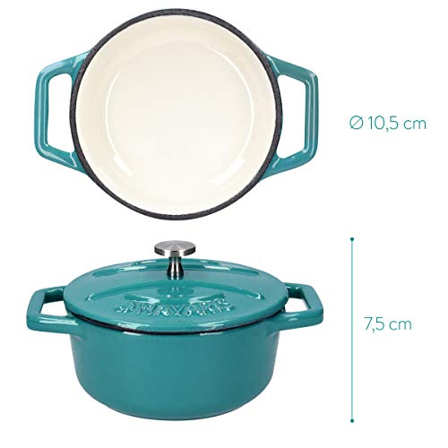 Navaris Juego de 4X Cocotte de Hierro Fundido - Mini cazuelas de 10.5CM esmaltada con Tapa - Set de cacerolas Apta para lavavajillas Horno - 250ML