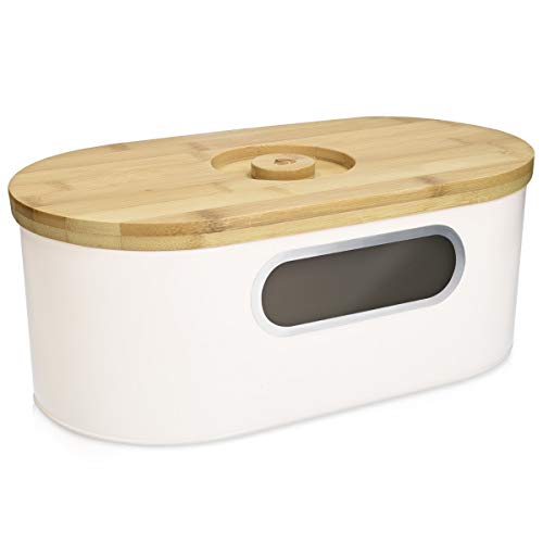 Navaris Panera con Tapa de bambú - Recipiente para Guardar Pan - Contenedor Original de Acero - Caja Alargada con Tabla de Cortar - Blanco Marfil