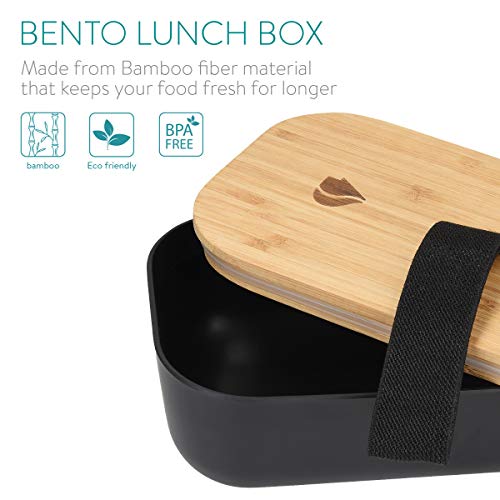 Navaris Recipiente hermético de Comida - Fiambrera Estilo bento con Tapa de bambú - Contenedor ecológico para Colegio o Trabajo en Negro 700ML