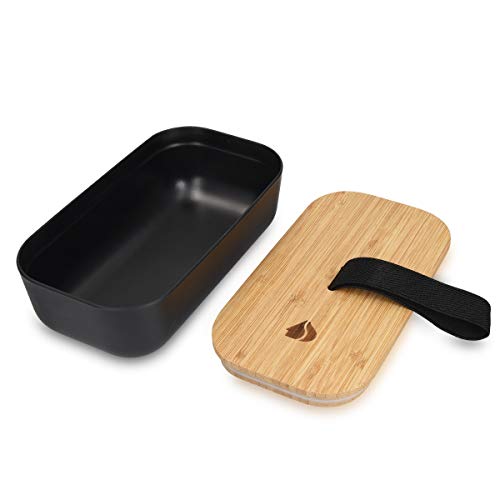 Navaris Recipiente hermético de Comida - Fiambrera Estilo bento con Tapa de bambú - Contenedor ecológico para Colegio o Trabajo en Negro 700ML