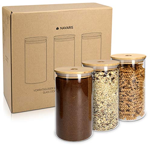 Navaris Set de 3 Botes de Cristal con Tapa de bambú - Tarros para Alimentos como café Pasta arroz harina Cereales - frascos para la Cocina - 1L