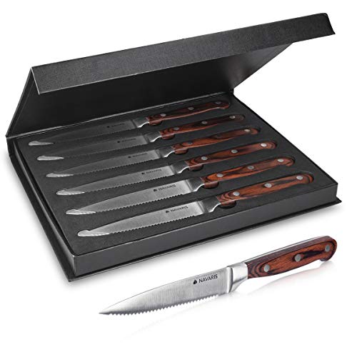 Navaris Set de 6 Cuchillos para Carne - Juego de Cuchillos de Acero Inoxidable con Mango de Madera - Cuchillos chuleteros con Filo de Sierra