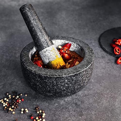 Navaris Set de Mortero con Mano - Mortero para la Cocina de Piedra de Granito Natural para moler Hierbas Especias Salsas - 16CM de diámetro