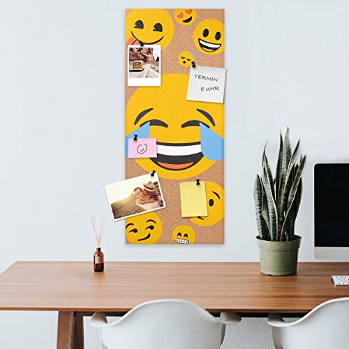 Navaris tablero de corcho con diseño de emojis - Pizarra de corcho de 25x60x2CM - Tablón para colgar anuncios con 6 chinchetas y set de montaje