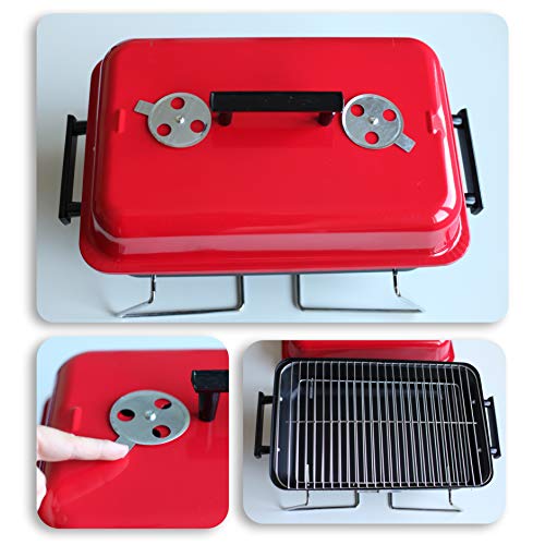 NAWA BBQ Clasica Barbacoa Compacta Camping Playa, Roja con Tapa y Pies de Mesa (48x30x26 cm)