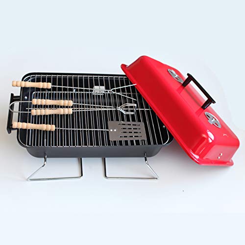 NAWA BBQ Clasica Barbacoa Compacta Camping Playa, Roja con Tapa y Pies de Mesa (48x30x26 cm)