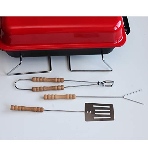 NAWA BBQ Clasica Barbacoa Compacta Camping Playa, Roja con Tapa y Pies de Mesa (48x30x26 cm)