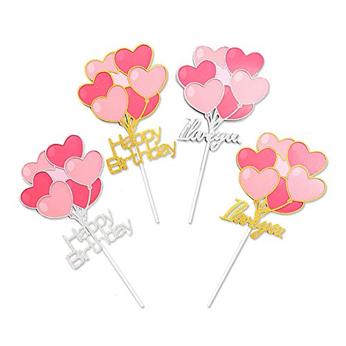 N/D Yemiany Adorno para Tarta,Cupcake Topper,2 Piezas Corazón Feliz Cumpleaños y 2 Piezas I Love You Cake Topper para el Día de San Valentín Fiesta de Cumpleaños Cupcake Postre (Plata,Oro,20x10CM)