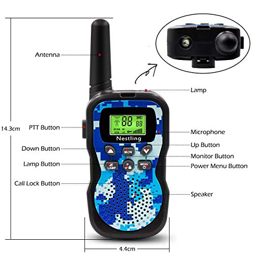 Nestling Walkie Talkie para niños, Camuflaje al Aire Libre, 8 Canales, Radio de 2 vías, Juguetes, Linterna LCD retroiluminada, Rango de 3 Millas para Actividades Infantiles (2pcs Azul)