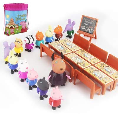 New 25 Pcs Peppa Pig Different Models Figures, Classroom Set + Bag Best Toys For Kids