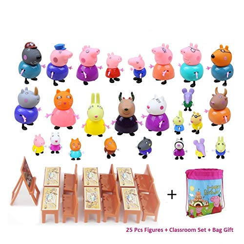 New 25 Pcs Peppa Pig Different Models Figures, Classroom Set + Bag Best Toys For Kids