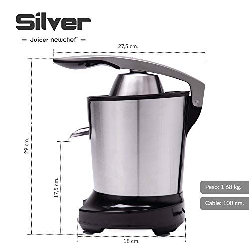 NEW CHEF - Exprimidor Eléctrico de Naranjas y Cítricos Juicer Silver Negro, 300W, Doble Cono, Boquilla Antigoteo e Interruptor de Presión Inteligente. Exprimidor Zumo Desmontable y Fácil de Limpiar