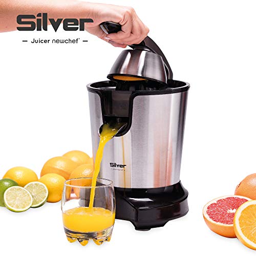 NEW CHEF - Exprimidor Eléctrico de Naranjas y Cítricos Juicer Silver Negro, 300W, Doble Cono, Boquilla Antigoteo e Interruptor de Presión Inteligente. Exprimidor Zumo Desmontable y Fácil de Limpiar