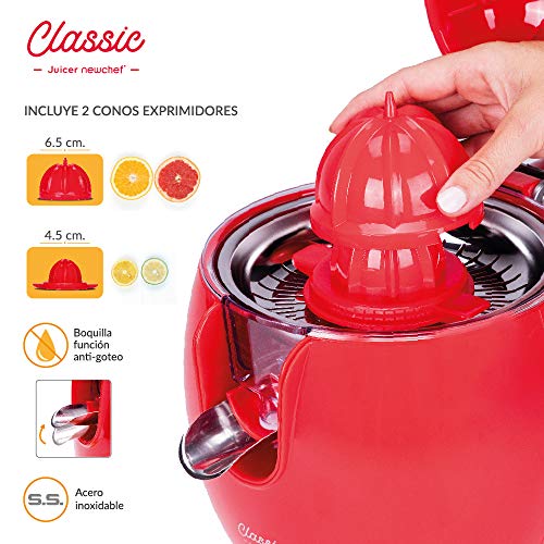 NEW CHEF - Exprimidor Zumo Eléctrico Juicer Classic Rojo para Naranjas y Cítricos, 300W con Doble Cono, Sist. Antigoteo y ON/OFF Automático. Máquina Exprimidora de Zumo Desmontable y de Fácil Limpieza