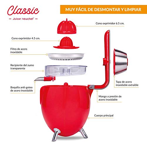 NEW CHEF - Exprimidor Zumo Eléctrico Juicer Classic Rojo para Naranjas y Cítricos, 300W con Doble Cono, Sist. Antigoteo y ON/OFF Automático. Máquina Exprimidora de Zumo Desmontable y de Fácil Limpieza