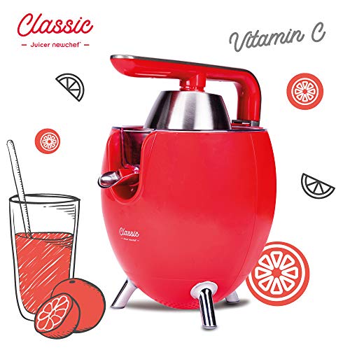 NEW CHEF - Exprimidor Zumo Eléctrico Juicer Classic Rojo para Naranjas y Cítricos, 300W con Doble Cono, Sist. Antigoteo y ON/OFF Automático. Máquina Exprimidora de Zumo Desmontable y de Fácil Limpieza