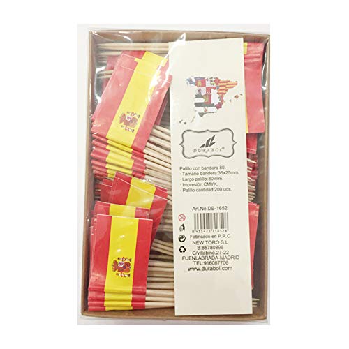 NEW TORO Palillos de Tapas con Bandera, Toothpick Flags Etiquetas Pequeñas para Magdalenas Decorar Tartas Bocadillos Cumpleaños Boda Fiesta de Bienvenida 3.5 * 2.5cm (ESPAÑA con Escudo 200PCS)